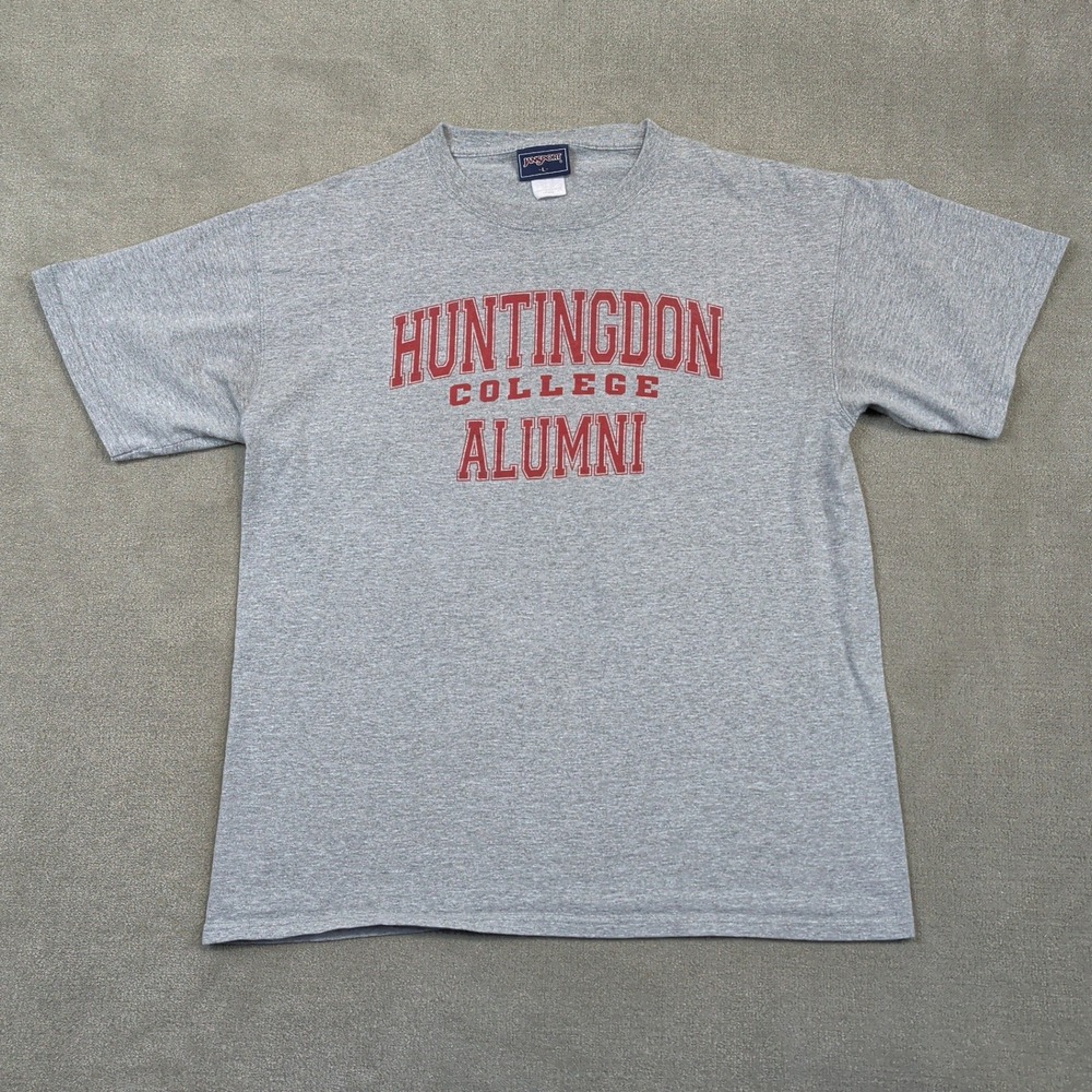 Vintage JanSport T-Shirt Mens Large Gray Huntingdon College Alumni Collegiate